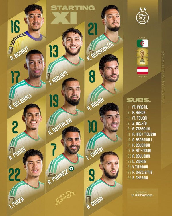 كأس العالم : الجزائر – النمسا: التشكيلة الرسمية لـ “الخضر” في لقاء الحسم!